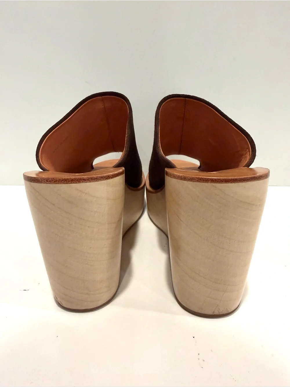 Rachel Comey Brown Suede Peep Toe Wood Platform Wedge Mules Size 8